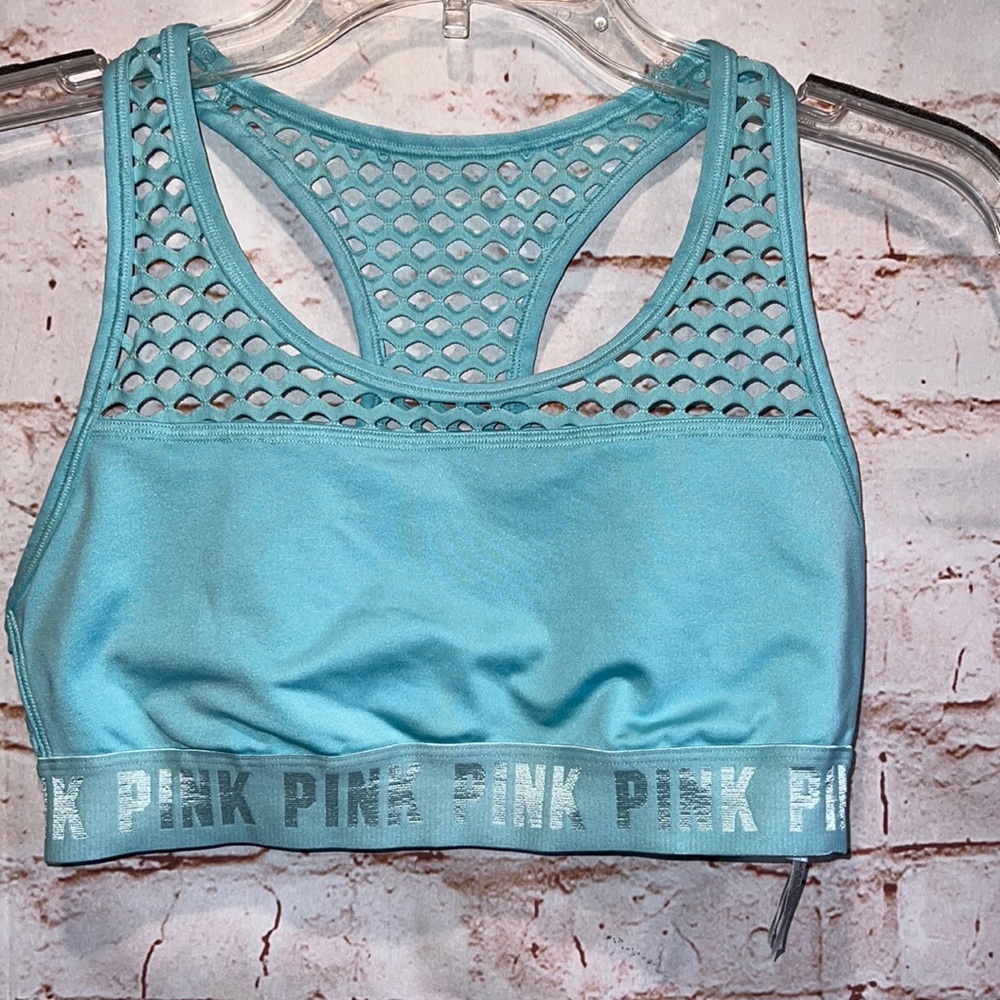 Pink VS sports bra aqua blue pullover no pads M logo